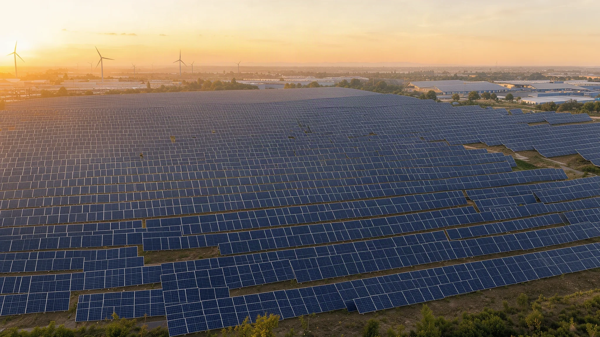 Parc de panneaux solaires au lever de soleil pour une production d'énergie autonome
