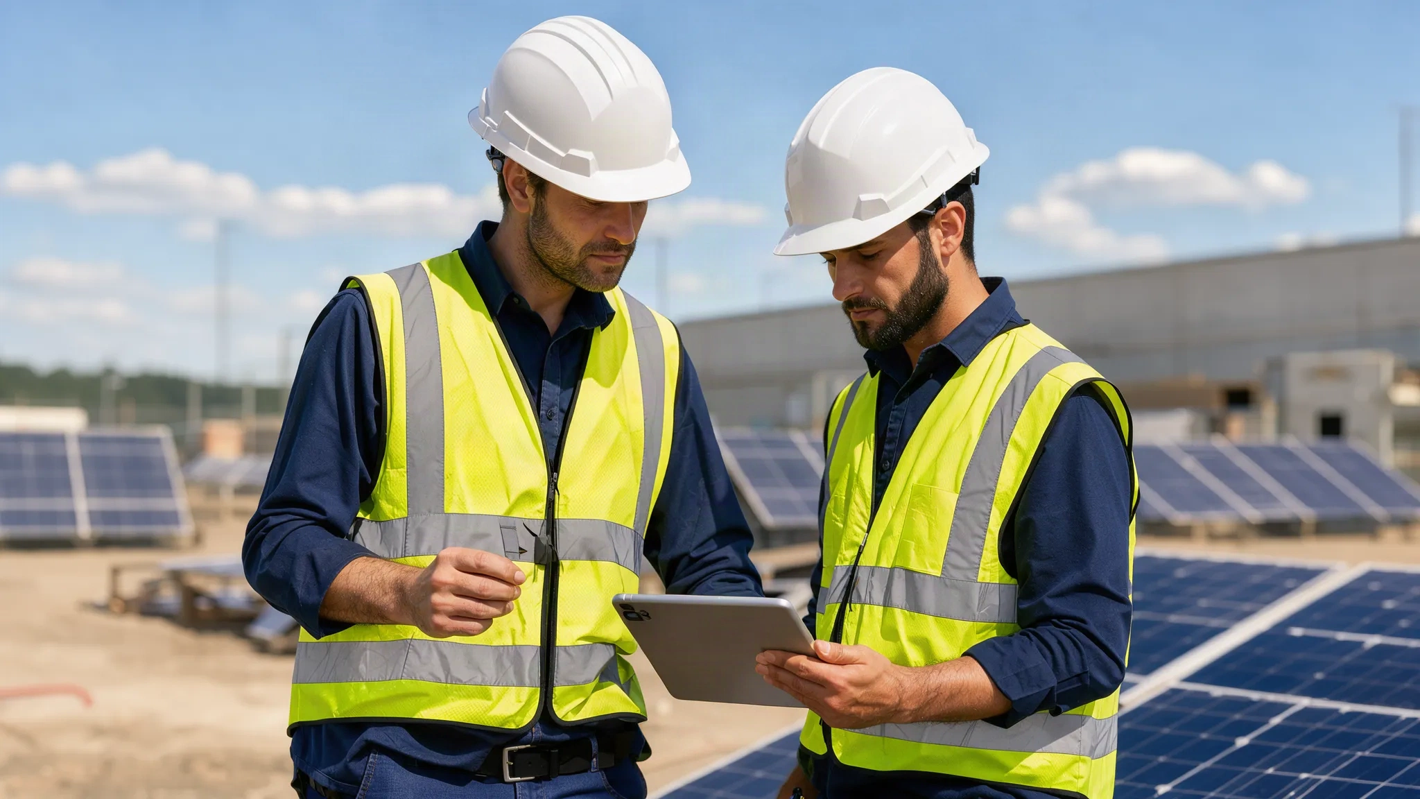 Deux ingénieurs MEB Energy inspectant des panneaux solaires sur un site industriel