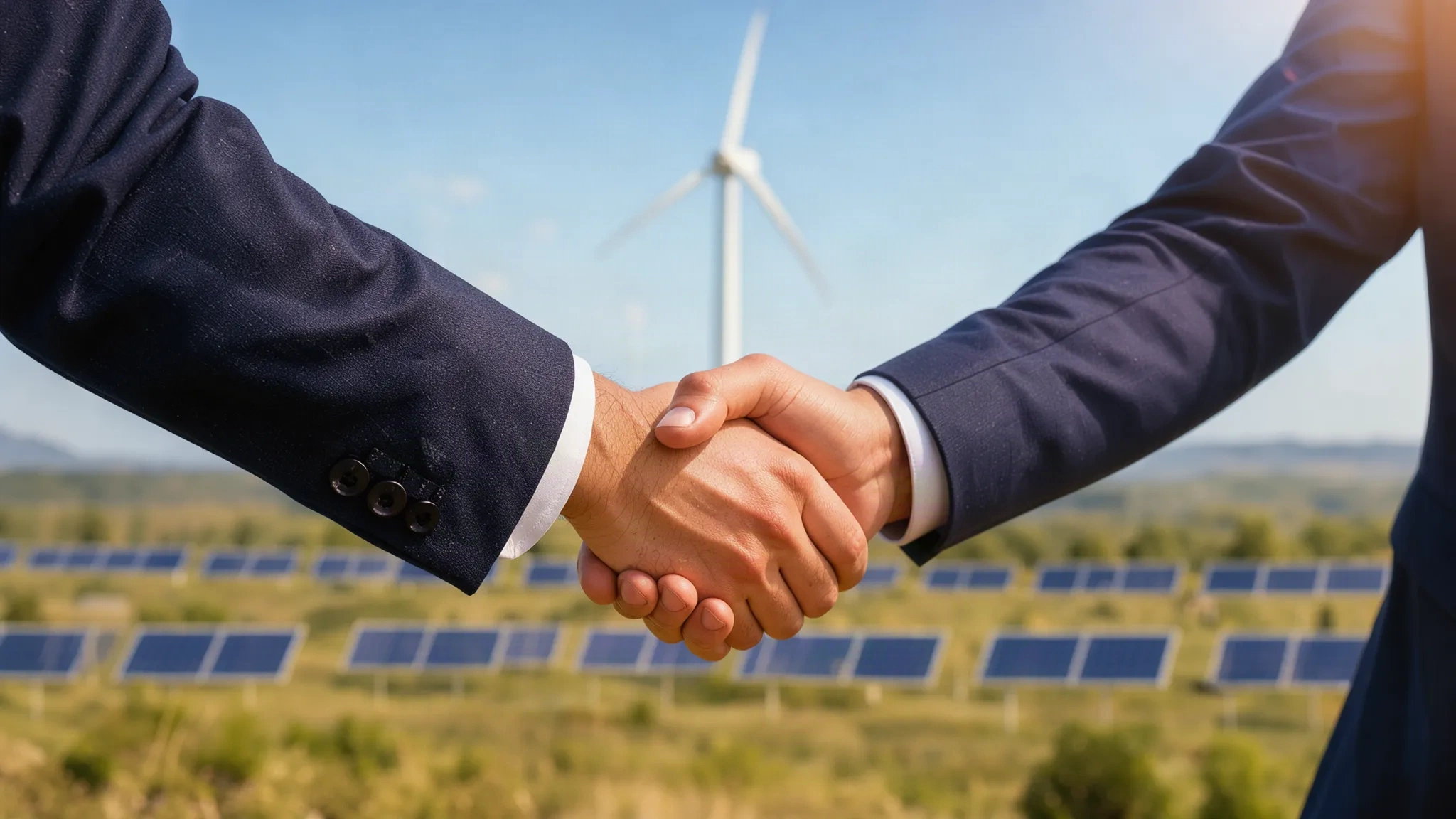 Poignée de main entre partenaires devant un site de production d'énergie renouvelable