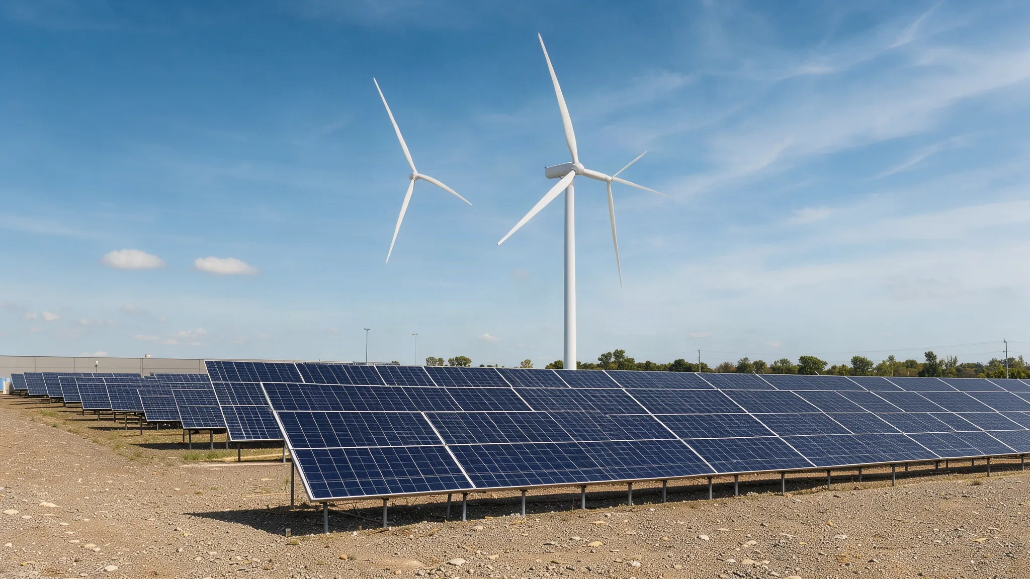 Site industriel combinant panneaux solaires et éolienne pour l'autosuffisance énergétique