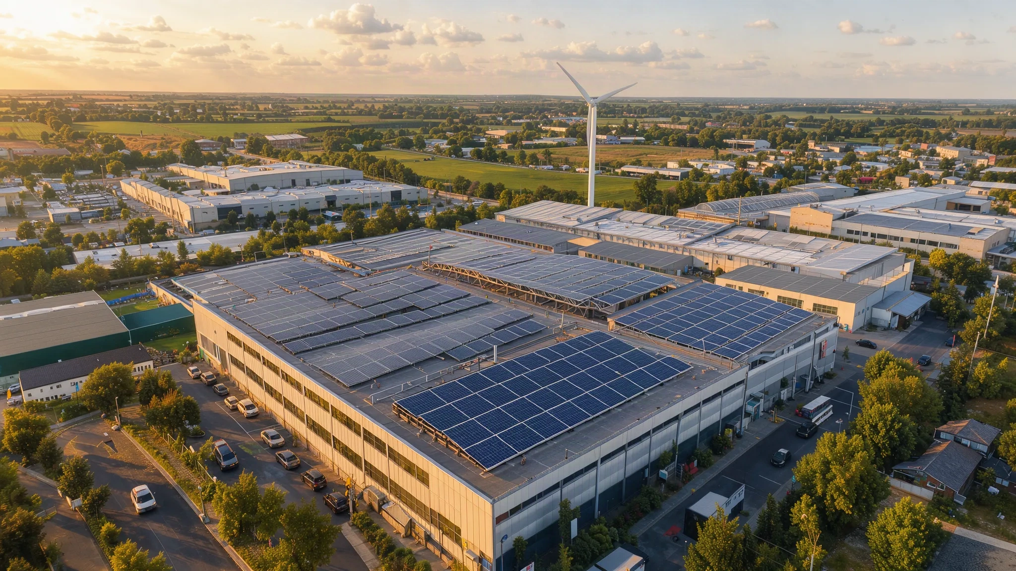 Parc industriel avec panneaux solaires et éolienne, près de Chartres