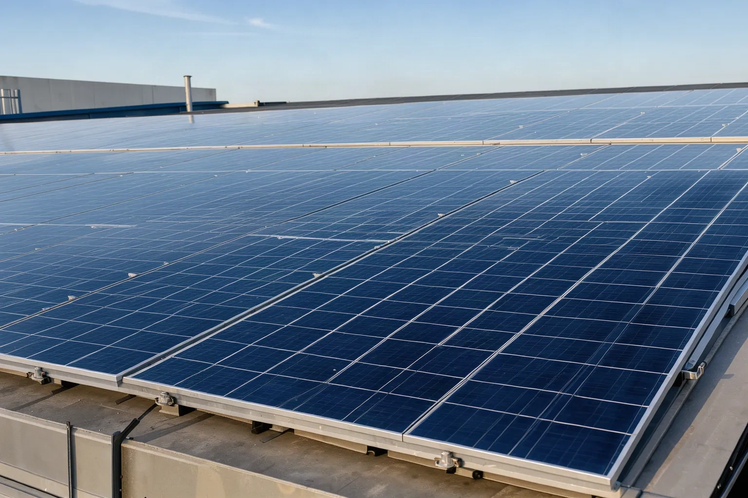 Panneaux photovoltaïques installés sur une toiture industrielle